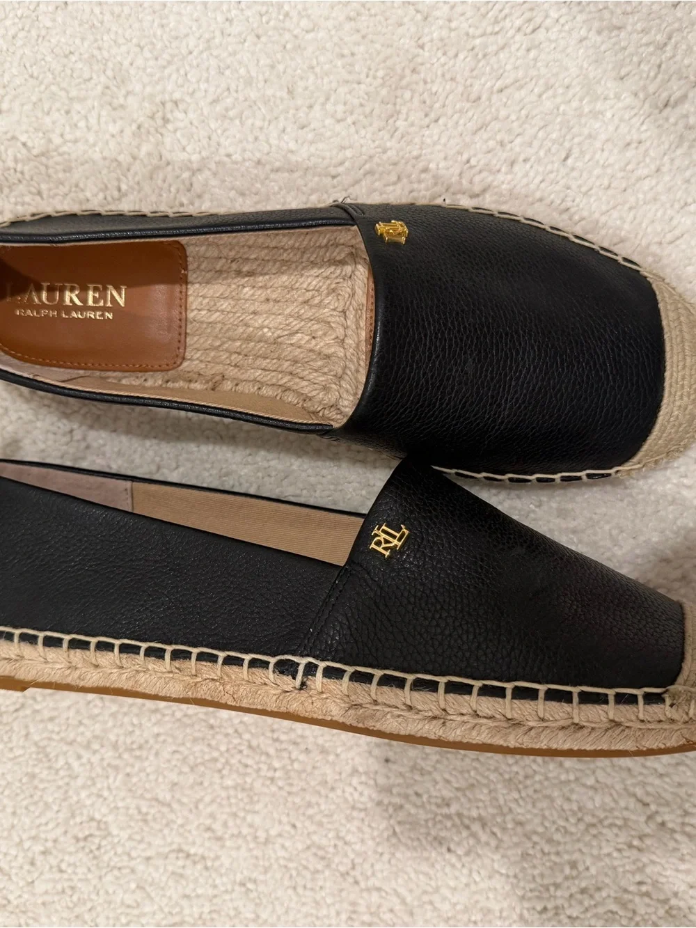 Ralph Lauren Black Leather Espadrille Slip-Ons with Gold Logo